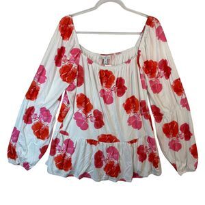 Shavonne Dorsey Floral Peasant Blouse Long Sleeve Pink Red White Boho Top‎ 1X